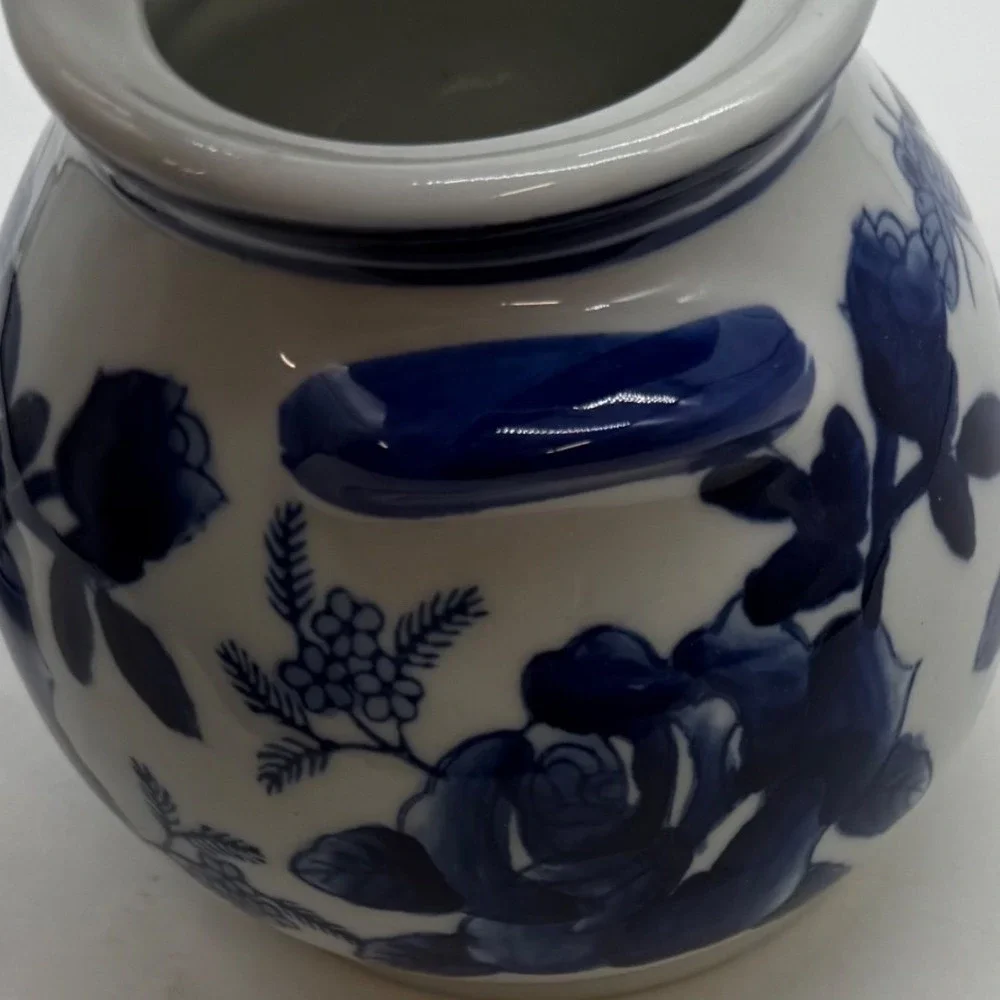 Vintage Blue and White Porcelain Ginger Jar Lidded Rose Butterfly Chinoiserie